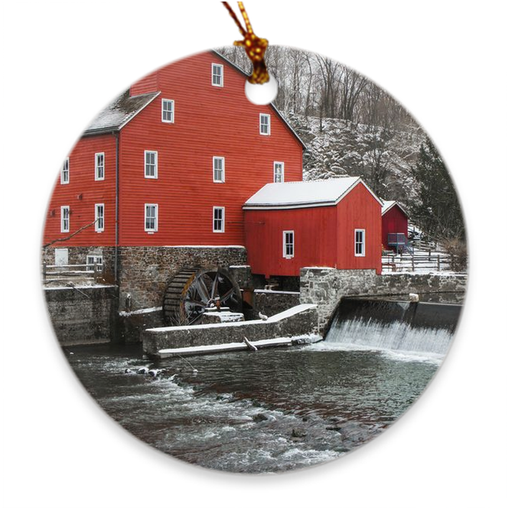 Porcelain Ornament - Red Mill at Christmas, Jerry Ganis - Free Shipping