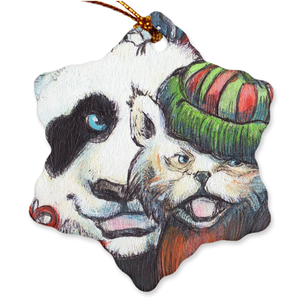 Porcelain Ornament - holiday friends 'the pandas', Mosart Studios, FREE SHIPPING