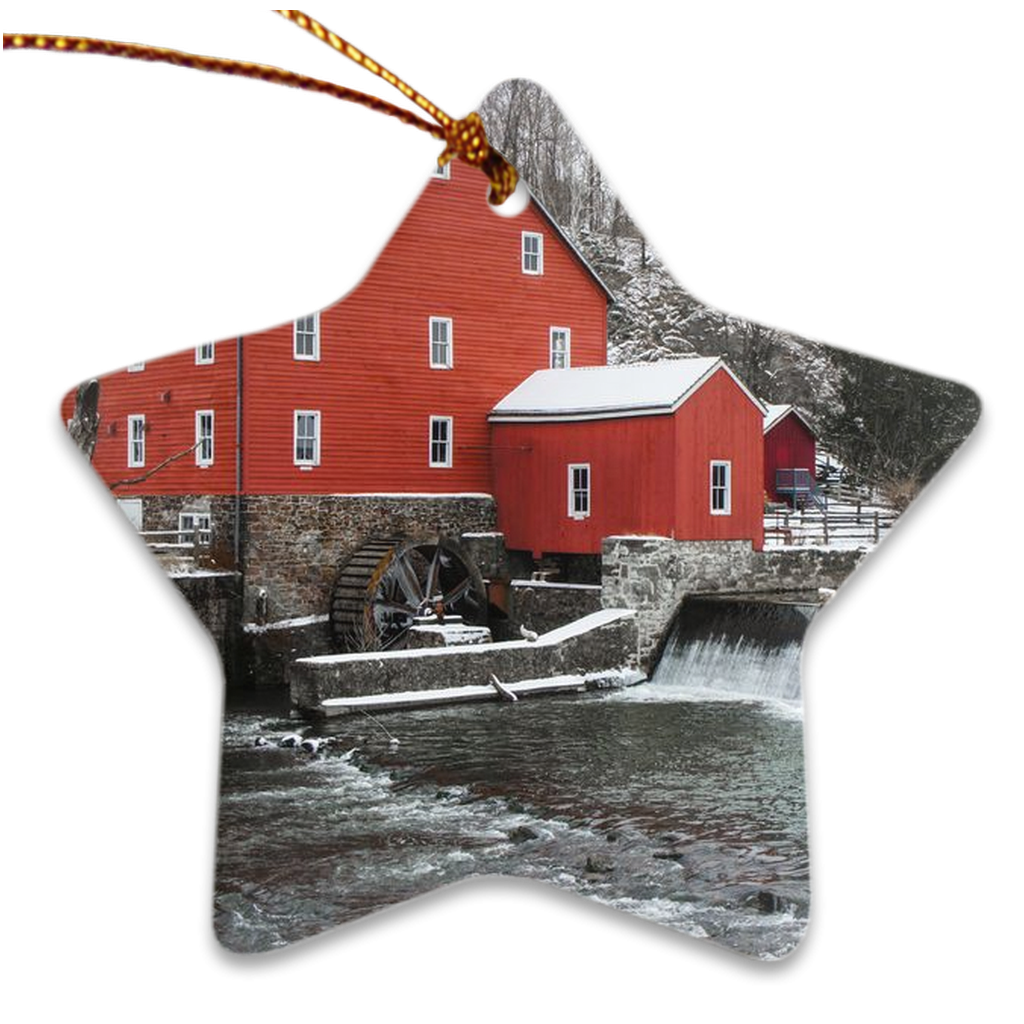 Porcelain Ornament - Red Mill at Christmas, Jerry Ganis - Free Shipping